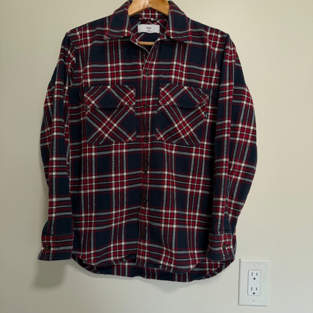 Aritzia Tna Plaid Button Down Flannel Shirt Navy Red White 2XS Organic Cotton